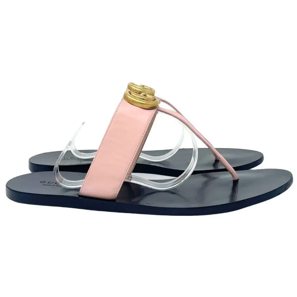Gucci Shoes Sandals Marmont GG‎ Logo Thong Flats Pink Black Gold Monogram 38.5